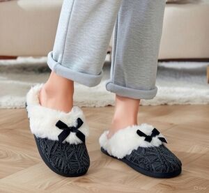 RACHEL Rachel Roy Black White Chenille Knit Fur Bow Slip-On Memory Foam Slippers